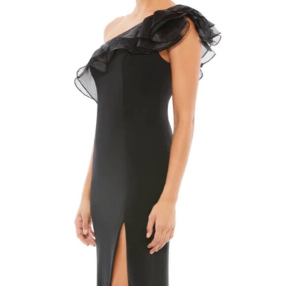 MAC DUGGAL 26372 ONE SHOULDER RUFFLE EVENING BLACK GOWN sz 8 - Picture 4 of 6
